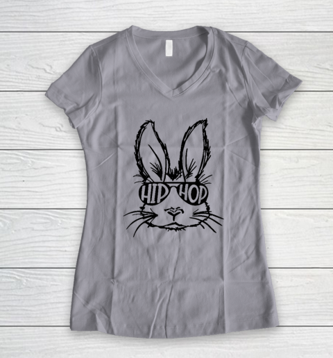 Hip Hop Bunny Face With Sunglasses Easter Day Women's V-Neck T-Shirt 2