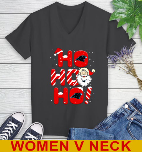 Carolina Panthers NFL Football Ho Ho Ho Santa Claus Merry Christmas Shirt Women's V-Neck T-Shirt 8