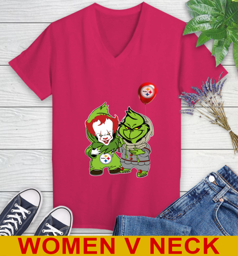 Pittsburgh Steelers Baby Pennywise Grinch Christmas NFL Football Women's V-Neck T-Shirt 10