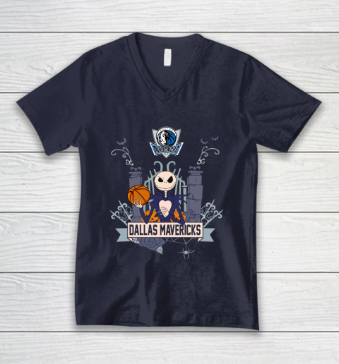 NBA Dallas Mavericks Basketball Jack Skellington Halloween V-Neck T-Shirt 2