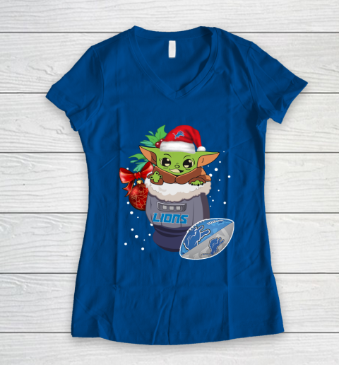 Detroit Lions Christmas Baby Yoda Star Wars Funny Happy NFL Women's V-Neck T-Shirt 9