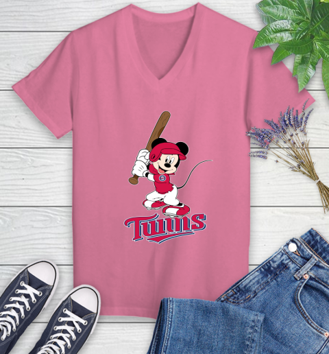 MLB Baseball Minnesota Twins Cheerful Mickey Mouse Shirt Women's V-Neck T-Shirt 11