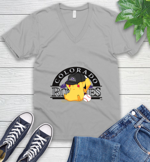 MLB Pikachu Baseball Sports Colorado Rockies V-Neck T-Shirt 4