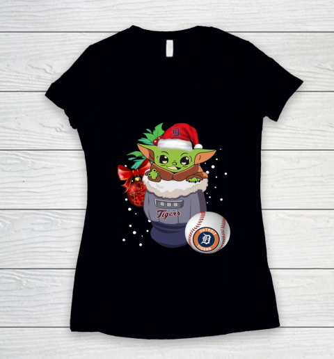 Detroit Tigers Christmas Baby Yoda Star Wars Funny Happy MLB Women's V-Neck T-Shirt
