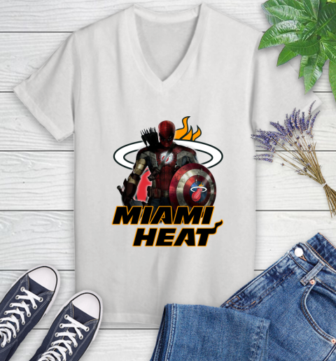 Miami Heat NBA Basketball Captain America Thor Spider Man Hawkeye Avengers Women's V-Neck T-Shirt