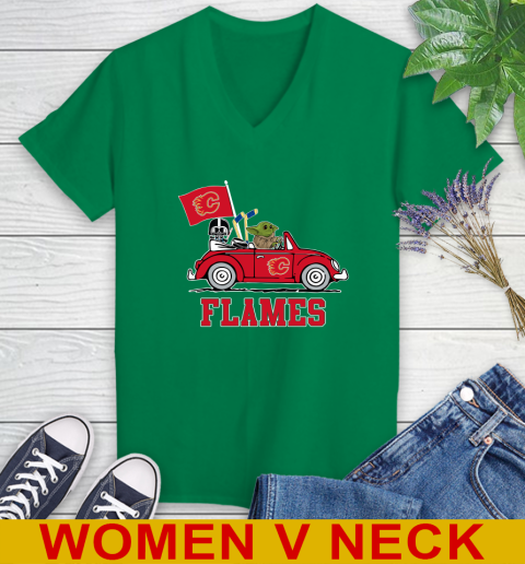 NHL Hockey Calgary Flames Darth Vader Baby Yoda Driving Star Wars Shirt Women's V-Neck T-Shirt 6