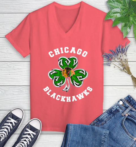 NHL Chicago Blackhawks Three Leaf Clover St Patrick's Day Hockey Sports Women's V-Neck T-Shirt 6