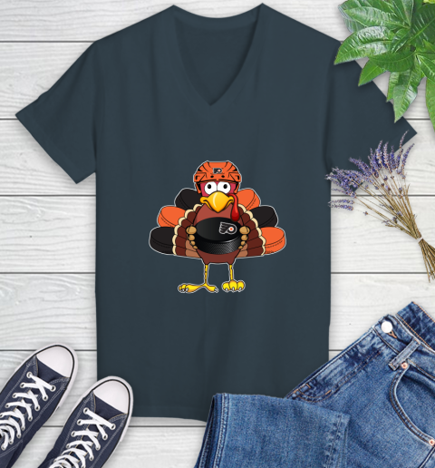 Philadelphia Flyers Turkey Thanksgiving Day Women's V-Neck T-Shirt 8