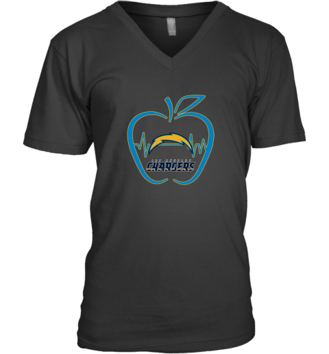 Apple Heartbeat Teacher Symbol Los Angeles Chargers V-Neck T-Shirt