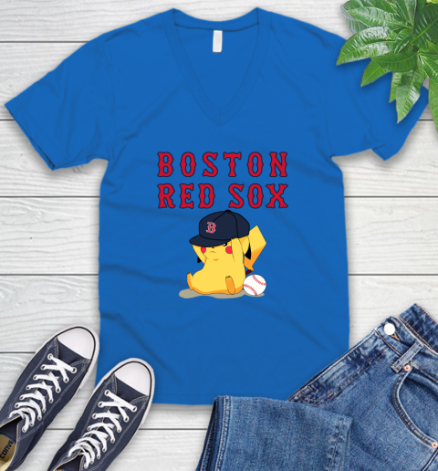 MLB Pikachu Baseball Sports Boston Red Sox V-Neck T-Shirt 6