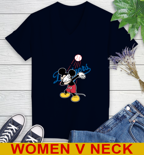 Los Angeles Dodgers MLB Baseball Dabbing Mickey Disney Sports Women's V-Neck T-Shirt 3
