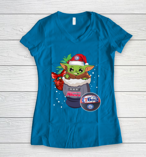 Philadelphia 76ers Christmas Baby Yoda Star Wars Funny Happy NBA Women's V-Neck T-Shirt 7