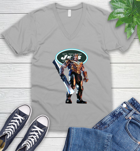 NFL Thanos Gauntlet Avengers Endgame Football New York Jets V-Neck T-Shirt 4