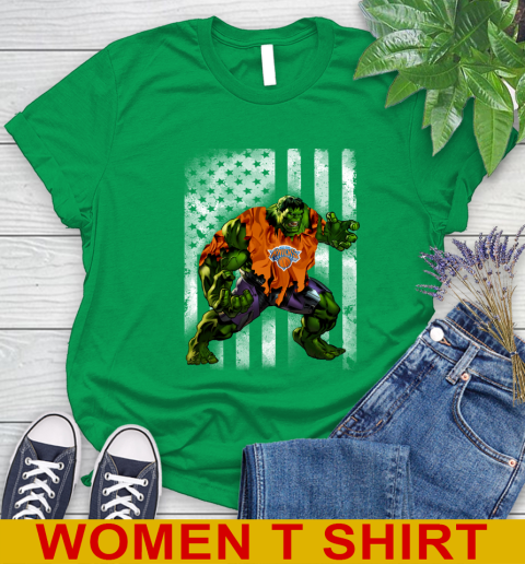 New York Knicks Hulk Marvel Avengers NBA Basketball American Flag Women's T-Shirt 7