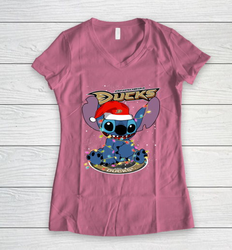 Anaheim Ducks NHL Hockey noel stitch Christmas Women's V-Neck T-Shirt 7
