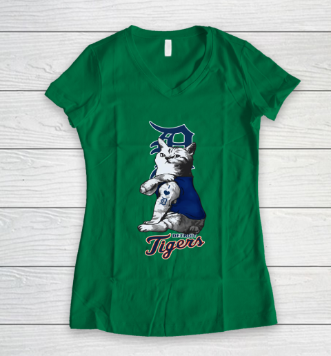 MLB Baseball My Cat Loves Detroit Tigers Women's V-Neck T-Shirt 3