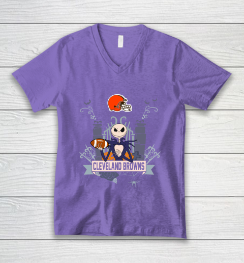 NFL Cleveland Browns Football Jack Skellington Halloween V-Neck T-Shirt 8