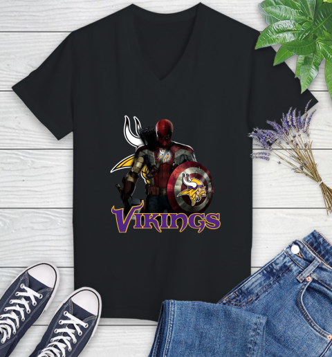 NFL Captain America Thor Spider Man Hawkeye Avengers Endgame Football Minnesota Vikings Women's V-Neck T-Shirt 2