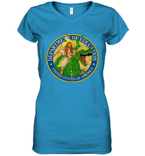 zmpv department of education badass jesus riding a dinosaur shirts women v neck t shirt 39 front sapphire