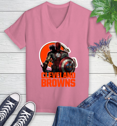 NFL Captain America Thor Spider Man Hawkeye Avengers Endgame Football Cleveland Browns Women's V-Neck T-Shirt 13