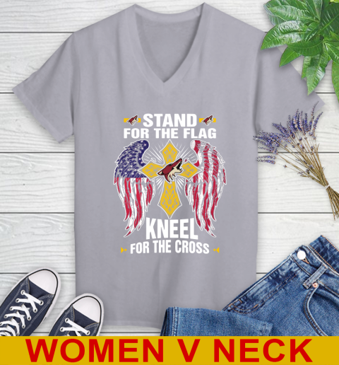 NHL Hockey Arizona Coyotes Stand For Flag Kneel For The Cross Shirt Women's V-Neck T-Shirt 4
