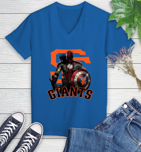 MLB Captain America Thor Spider Man Hawkeye Avengers Endgame Baseball San Francisco Giants Women's V-Neck T-Shirt 10