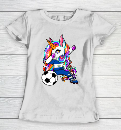 Dabbing Unicorn El Salvador Soccer Fans Jersey Flag Football Women's T-Shirt