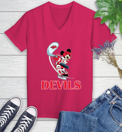NHL Hockey New Jersey Devils Cheerful Mickey Mouse Shirt Women's V-Neck T-Shirt 8