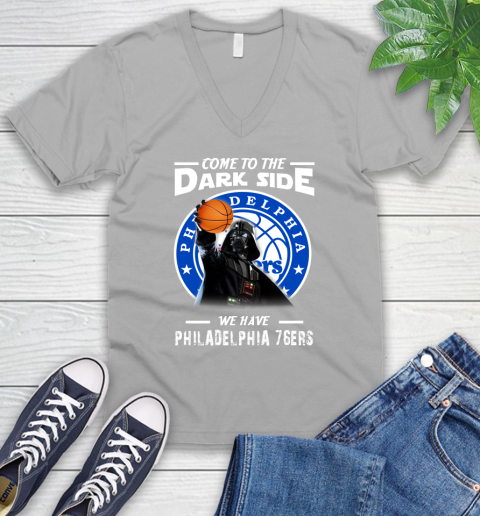NBA Come To The Dark Side We Have Philadelphia 76ers Star Wars Darth Vader Basketball V-Neck T-Shirt 3