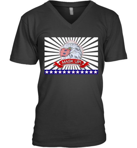 Mask Up Fun And Patriotic Bald Eagle American Flag V-Neck T-Shirt
