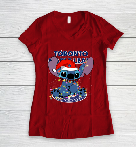 Toronto Maple Leafs NHL Hockey noel stitch Christmas Women's V-Neck T-Shirt 6