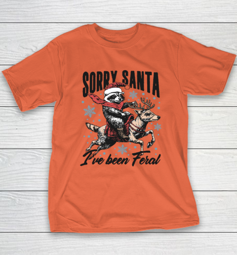 Vintage Sorry Santa I've Been Feral Raccoon Riding Horse Christmas Youth T-Shirt 2