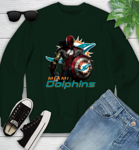 NFL Captain America Thor Spider Man Hawkeye Avengers Endgame Football Miami Dolphins Youth Sweatshirt 10