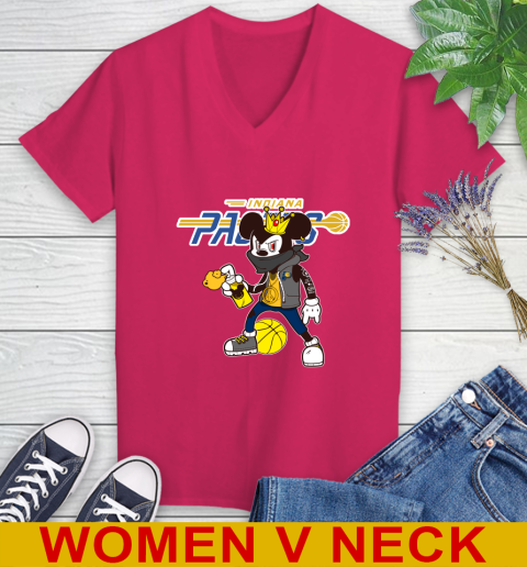 Indiana Pacers NBA Basketball Mickey Peace Sign Sports Women's V-Neck T-Shirt 10