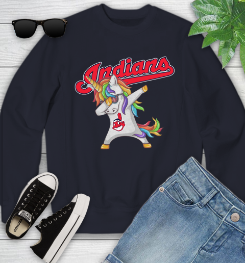 Cleveland Indians MLB Baseball Funny Unicorn Dabbing Sports Youth Sweatshirt 3