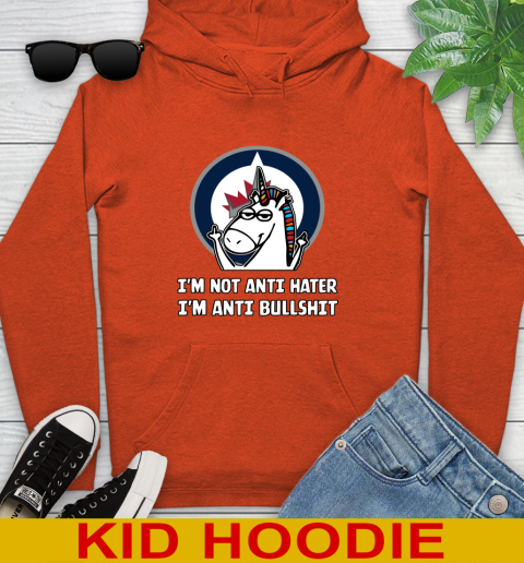Winnipeg Jets NHL Hockey Unicorn I'm Not Anti Hater I'm Anti Bullshit Youth Hoodie 5