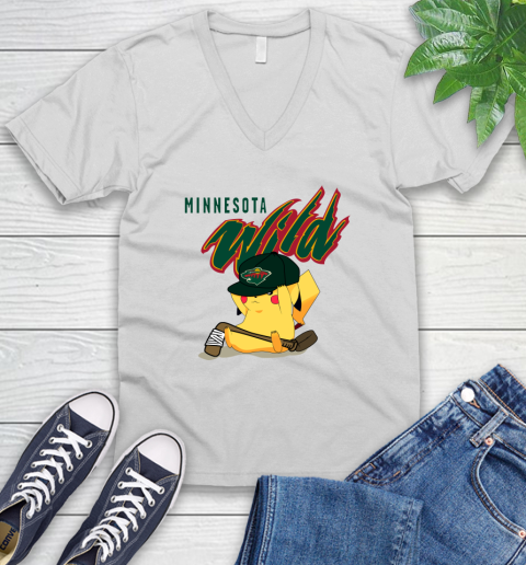 NHL Pikachu Hockey Sports Minnesota Wild V-Neck T-Shirt