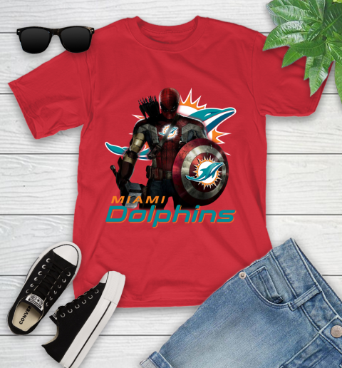 NFL Captain America Thor Spider Man Hawkeye Avengers Endgame Football Miami Dolphins Youth T-Shirt 10