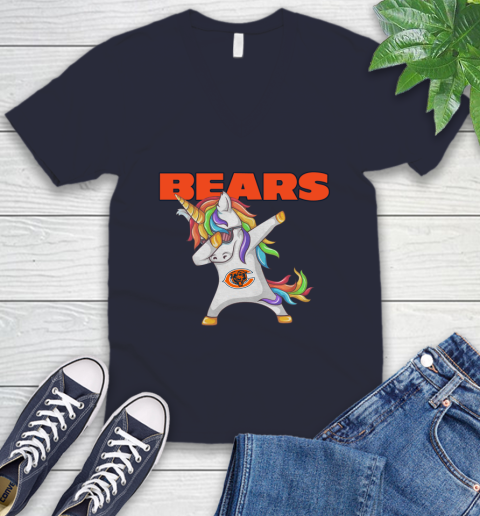Chicago Bears NFL Football Funny Unicorn Dabbing Sports V-Neck T-Shirt 3