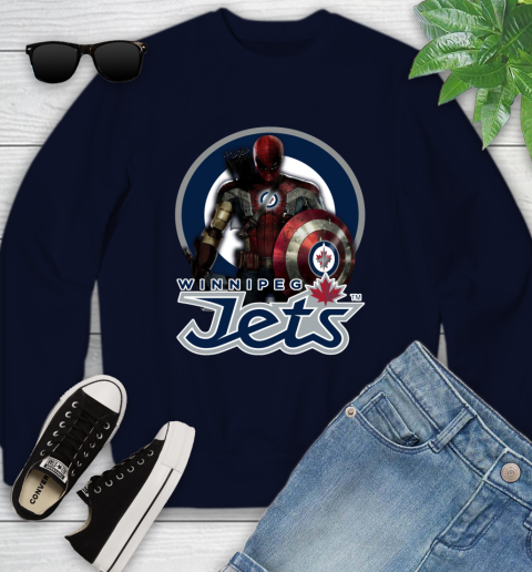 NHL Captain America Thor Spider Man Hawkeye Avengers Endgame Hockey Winnipeg Jets Youth Sweatshirt 3