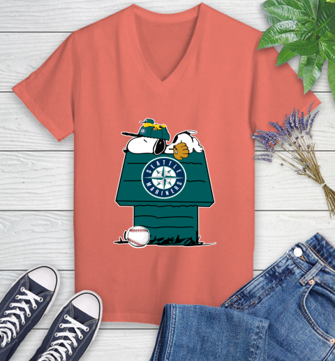 MLB Seattle Mariners Snoopy Woodstock The Peanuts Movie Baseball T Shirt Women's V-Neck T-Shirt 6
