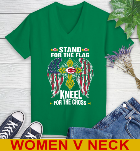 MLB Baseball Cincinnati Reds Stand For Flag Kneel For The Cross Shirt Women's V-Neck T-Shirt 5