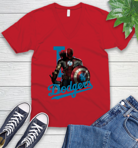 MLB Captain America Thor Spider Man Hawkeye Avengers Endgame Baseball Los Angeles Dodgers V-Neck T-Shirt 7