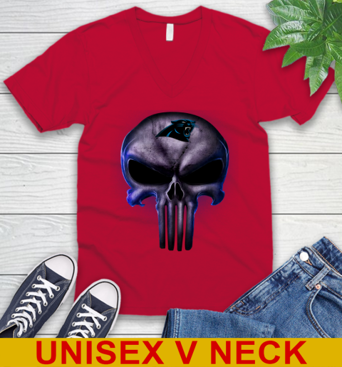 Carolina Panthers NFL Football Punisher Skull Sports V-Neck T-Shirt 6