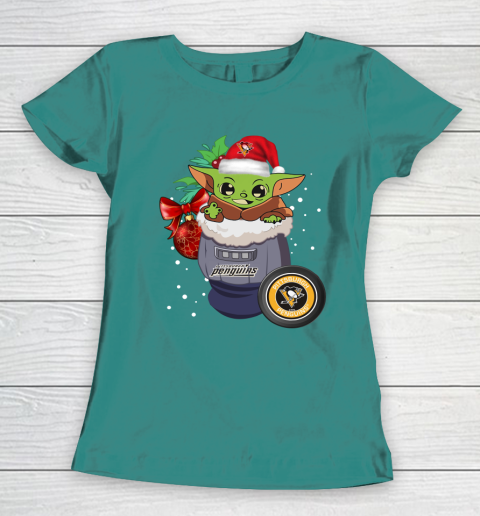 Pittsburgh Penguins Christmas Baby Yoda Star Wars Funny Happy NHL Women's T-Shirt 12