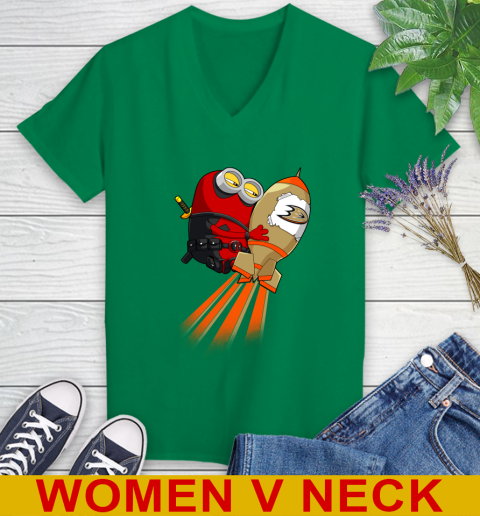 NHL Hockey Anaheim Ducks Deadpool Minion Marvel Shirt Women's V-Neck T-Shirt 5