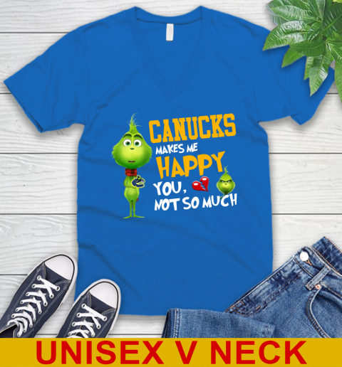 NHL Vancouver Canucks Makes Me Happy You Not So Much Grinch Hockey Sports V-Neck T-Shirt 5