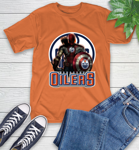 NHL Captain America Thor Spider Man Hawkeye Avengers Endgame Hockey Edmonton Oilers T-Shirt 5