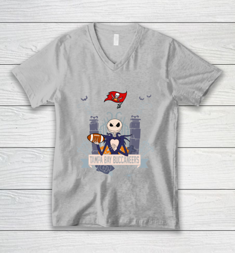 NFL Tampa Bay Buccaneers Football Jack Skellington Halloween V-Neck T-Shirt 3