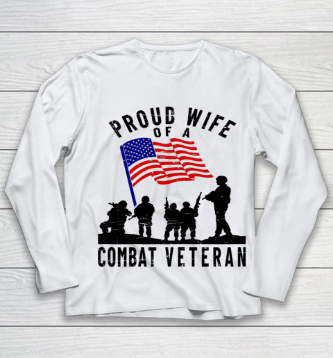 Veteran Shirt Proud Wife of a Combat Veteran Retro US Flag Military Family Youth Long Sleeve